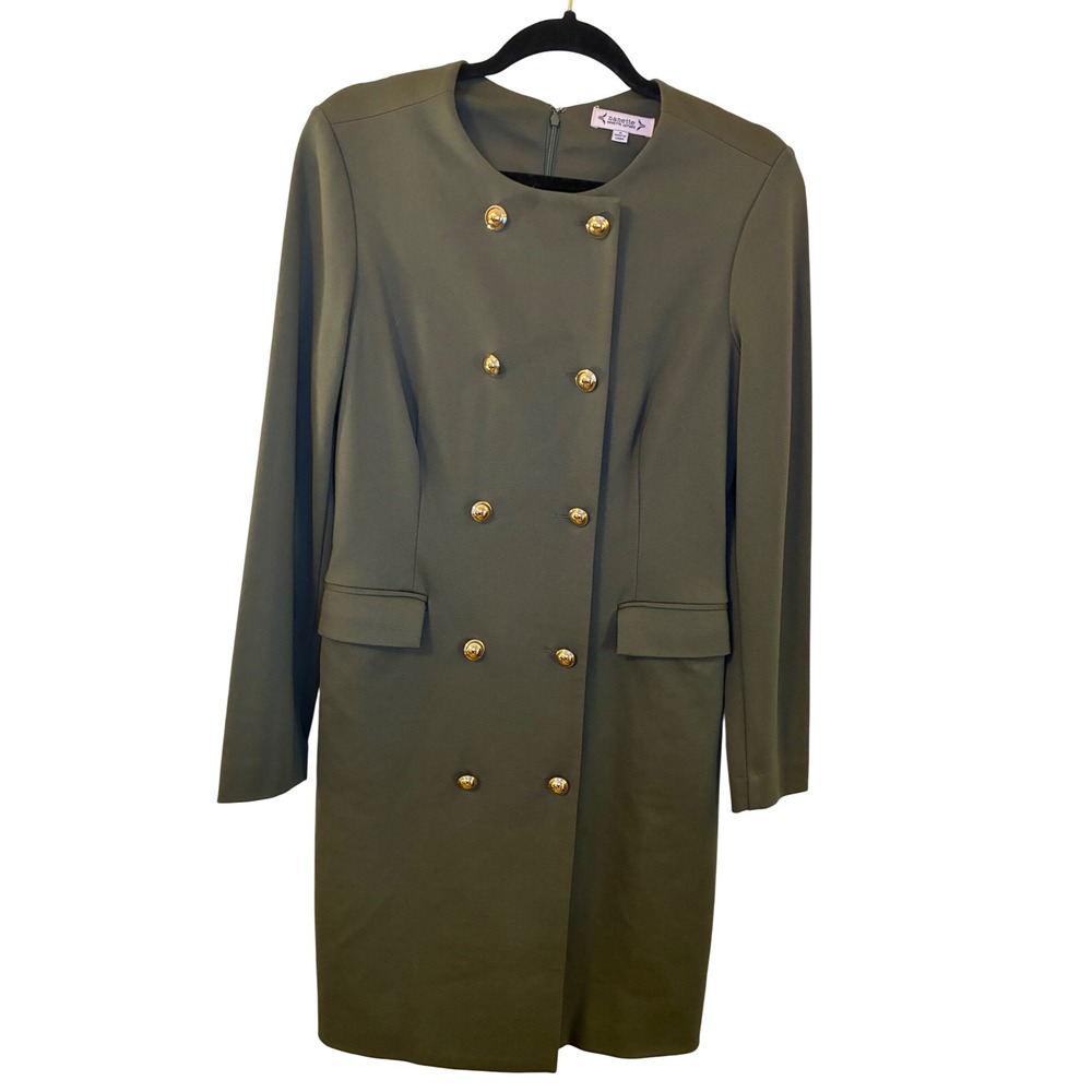 Nanette Lepore Vintage Y2K Olive Green Double Breasted Coat Dress Gold Buttons 6